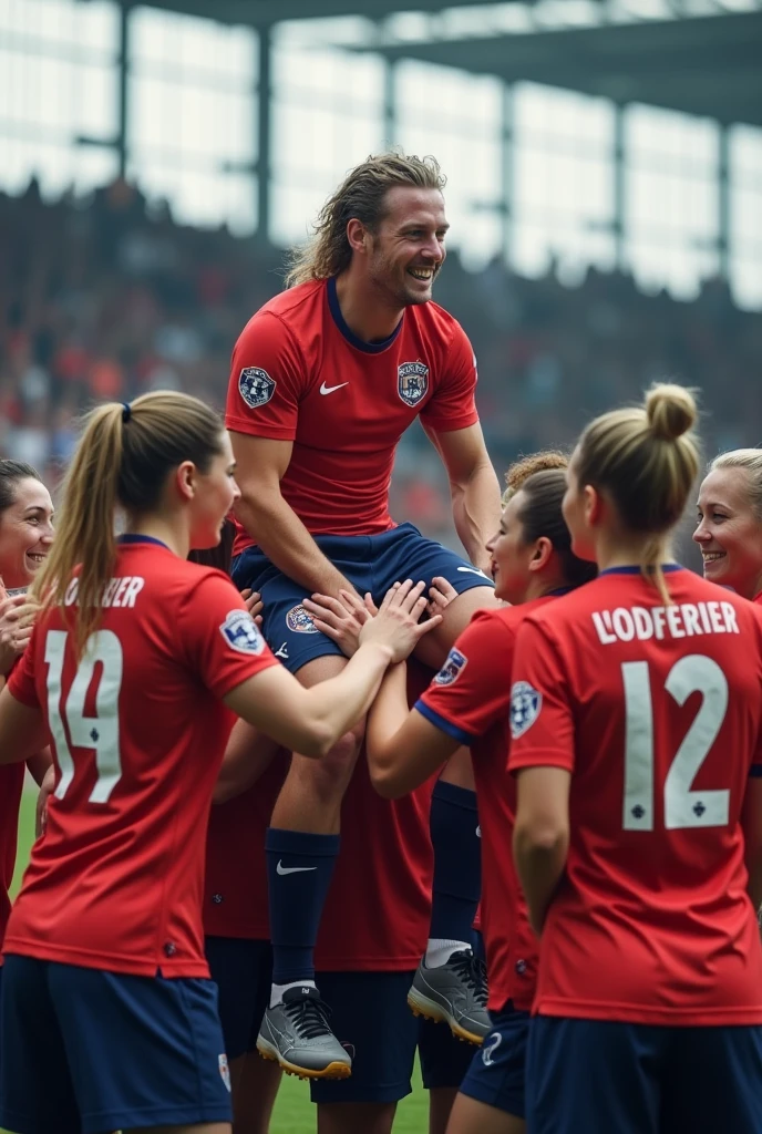 A british womans football match where the woman are carrying their male manager in celebration he is in his 20s