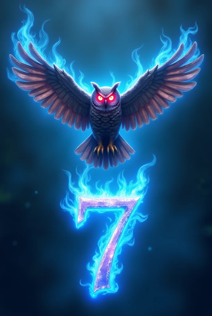 A red-eyed owl, flying over the blue fire letter Y and the blue fire number 7.