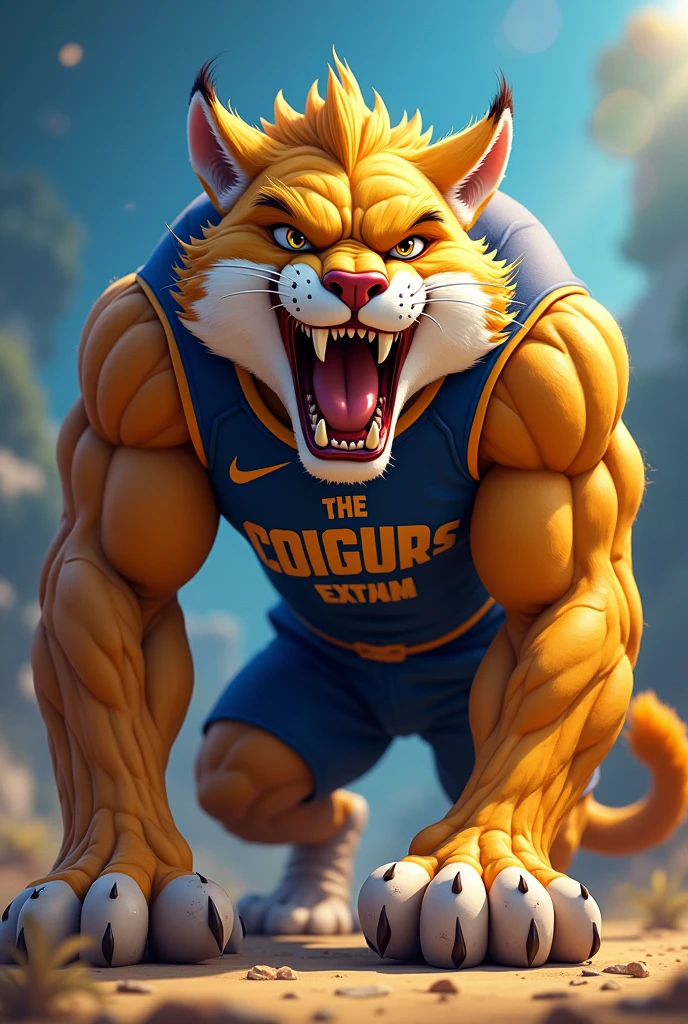 Unrealistic angry and muscular cougar animation for college athletics on unrealistic blue and yellow background

