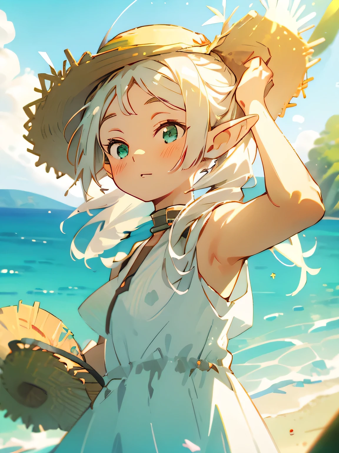 (masterpiece), (best quality), ultra high res, sharp focus, warm pastel tone, ((1 girl, solo)), upper body, side profile shot beautiful detailed hair, ((white hair)), beautiful detailed face, ((beautiful shape eyes, green eyes)), perfect feminine face, head up, looks up, calm face, ((long twintails)), (long hair), ((summer)), ((beach)), ((frieren)), (blushing), (summer dress), (light dress), (sleeveless dress), ((straw hat)), (elf ears), ((calm))
