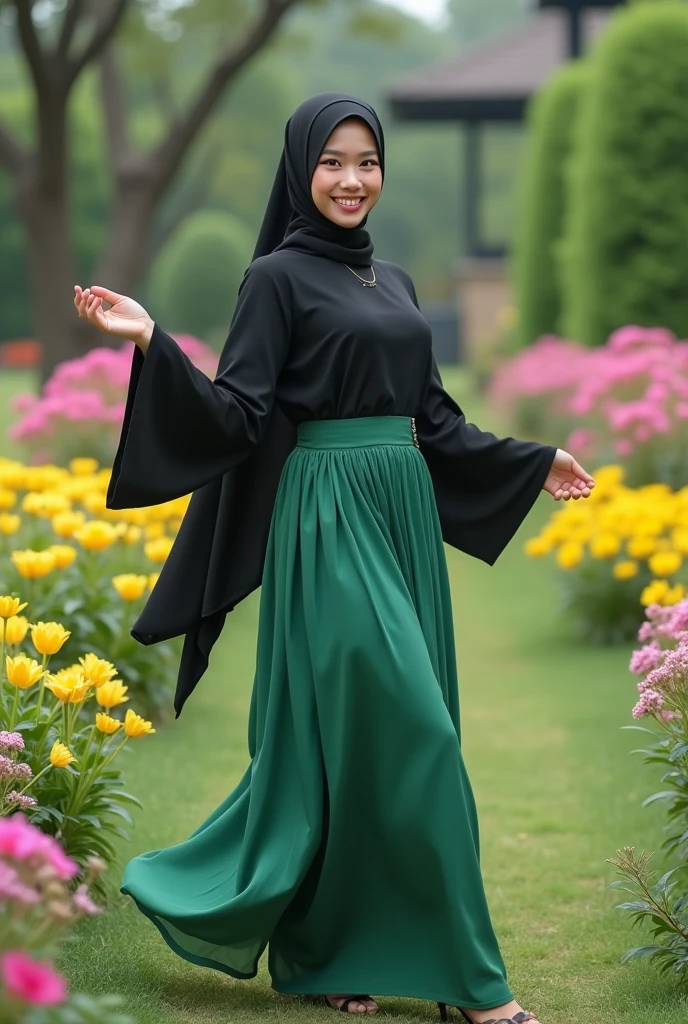 Realistic full body photo of a smiling young Indonesian woman wearing a long black hijab, She is dancing in front of the camera in a demure blouse, long green skirt..., Garden, glamor photo shoot, Flower garden, perfect ???????, perfect brown eyes. Perfect hands with 5 fingers on each hand, Suitable girl, looking at the camera, 1 Frau. (Eye makeup: 1.1), (highly detailed skin: 1.1), vibrancy, analog style, sharp focus, 8K UHD, dslr, good quality, Fujifilm XT3, Grain, Award winner, masterpiece. Park