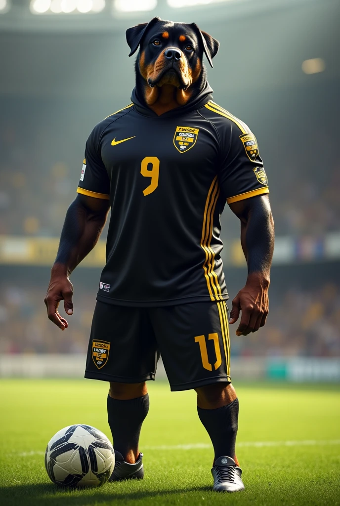 An imposing rottweiler with soccer shoes as the mascot of a soccer team in a black and gold uniform with a ball at its feet