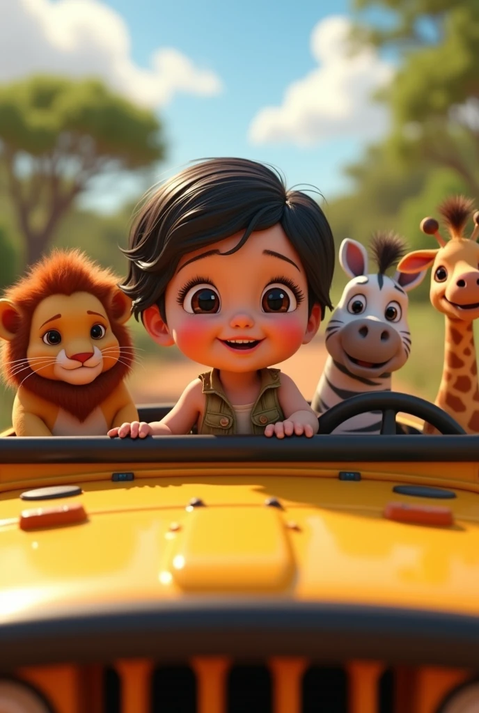  girl safari dress short black wavy hair big eyelashes round dark eyes full mouth in a jeep with a lion baby a zebra baby a giraffe baby Pixar 3d