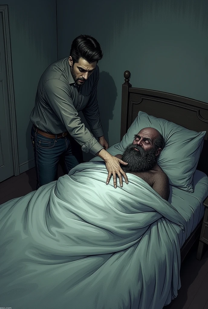 a drawing, of a man, waking up a monster that is in bed, sleeping. 