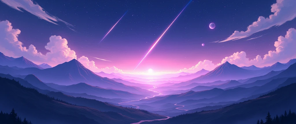 make an anime landscape with dark purple tones, white clouds and shooting stars