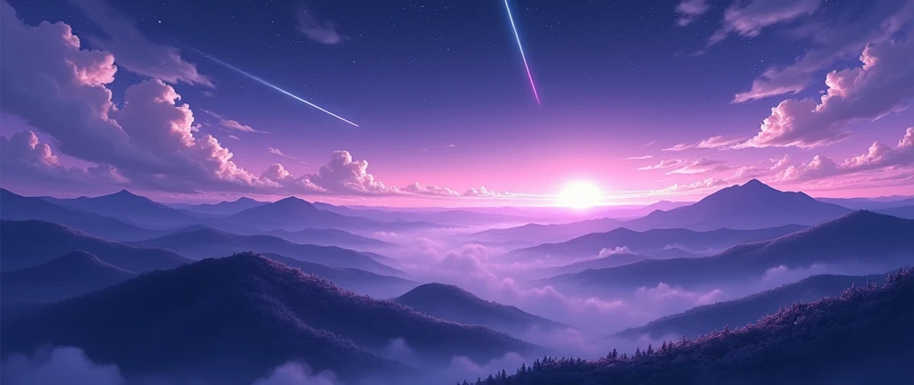 make an anime landscape with dark purple tones, white clouds and shooting stars