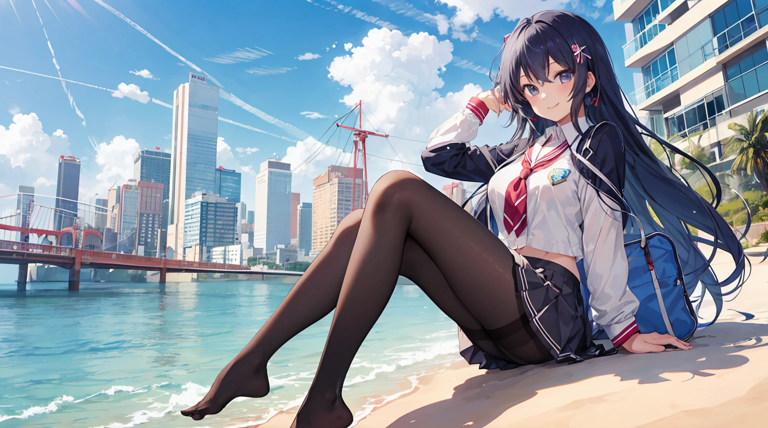 1girl,solo,mitsukasa ayase,kikka academy uniform,black pantyhose,kind_smile,smile,cityscape,character-centric,whole body,on the beach,