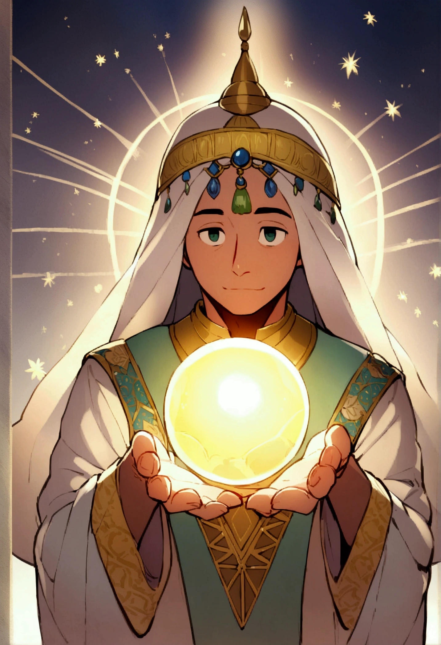A man who is a magical genius of "Arabian Nights", holding a bright orb, with rays of illumination from his fingers, The background is a spring garden, daylight, The mood is operational, resolved, propitious, intelligent, character design.pixar