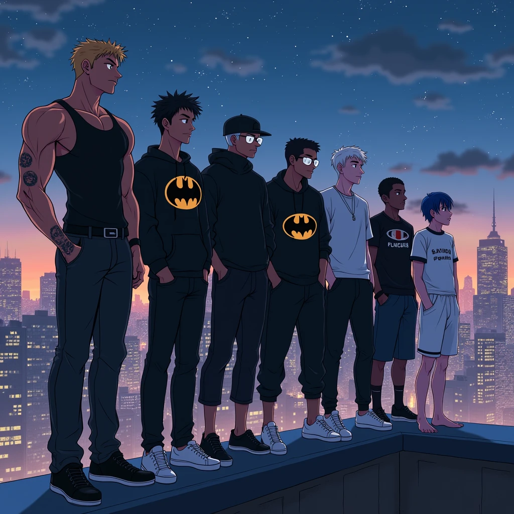 Create an image of 8 anime style friends, in the background there is a city and it is night in the city, New York style, and they are side by side on top of a building looking at the view.
The first friend, he is wearing a black tank top and his arms have veins, he wears baggy black jeans, it is white in tone.
He has black hair, he has a confident face, but without smiling. Ele está com um com tennis totalmente preto. He is tall.
The second friend, is wearing a sweatshirt and black pants, and shoes too,
is wearing a black hat. And your eyes are completely white in color. your hair is black. He is tall. Your skin tone is black.
The third friend, is wearing jeans and a Batman symbol sweatshirt. e um tennis preto também. your hair is black, and your skin tone is dark. He is tall.
The fourth friend, está com um tennis branco está usando uma calça jeans preta, and a black turtleneck shirt, he has brown hair, skin is clear, his shirt is gray and his hair is light brown, e He is tall.
The sixth friend, is wearing all white clothes, tennis, shirt and pants, e seu e seu tom de skin is clear. He is tall. He's albino.
The fifth friend, is wearing baggy black pants, e um tennis branco, your hair tone is also white, he has light skin tone. He is tall.
The seventh friend, is wearing a Flamengo shirt (Brazilian soccer team)
o your hair is black e usa uma calça social, and your skin tone is dark.
and has tattoos on his arms, e He is tall.
The eighth friend, is wearing a black shirt, a pair of black shorts, and he is barefoot, your hair is blue.
They are all the same size.