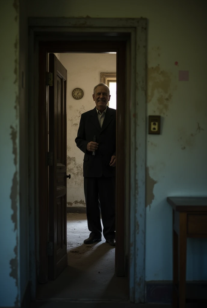 Room in abandoned house, perspective from inside the room, old killer waiting smiling with a knife