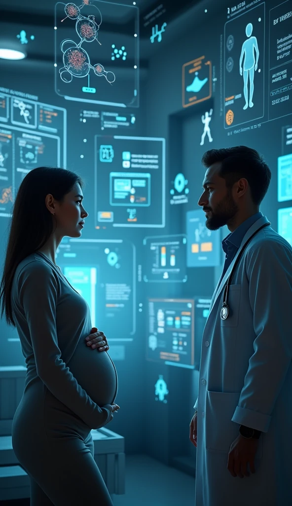 Pregnant woman consulting a doctor, discussing the safety of using antihistamines during pregnancy.[
The images have a futuristic and technological vibe, with dark tones and neon light effects. They highlight detailed scientific elements, like 3D molecules and graphics, creating a sense of high technology and scientific precision. The style is sophisticated, ideal for academic or advanced research contexts.