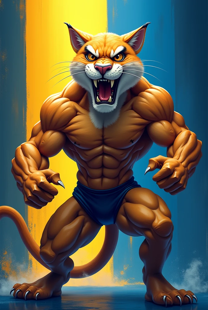 Unrealistic angry and muscular cougar animation for college athletics on unrealistic blue and yellow background
