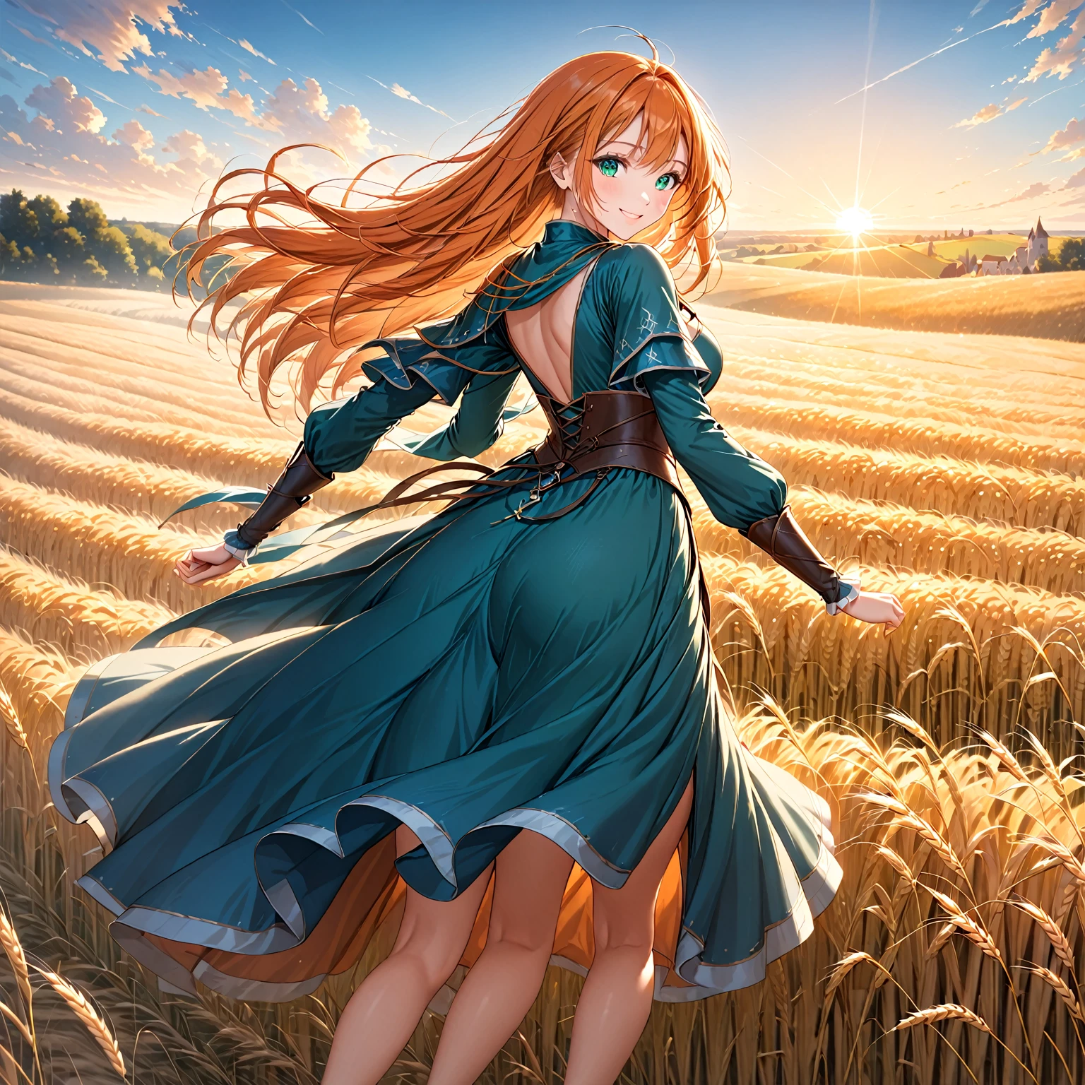 1 girl, alone, long orange hair, running, (tall wheat field), turn around, emerald eyes, long blue dress, Middle Ages, revealing medieval costume, sunset, spectacular sunset, shadow on the figure, smile, laughter, (blue sky), against the background of wheat, standing in the distance, looking at the viewer.