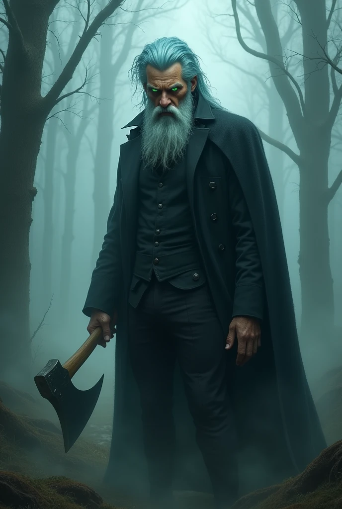 A handsome grandfather with blue hair and beard,with elegant black pants and shirt,bright green eyes,that is in a foggy forest,that has an axe,angry and scary looking and beardless and with a fancy bang