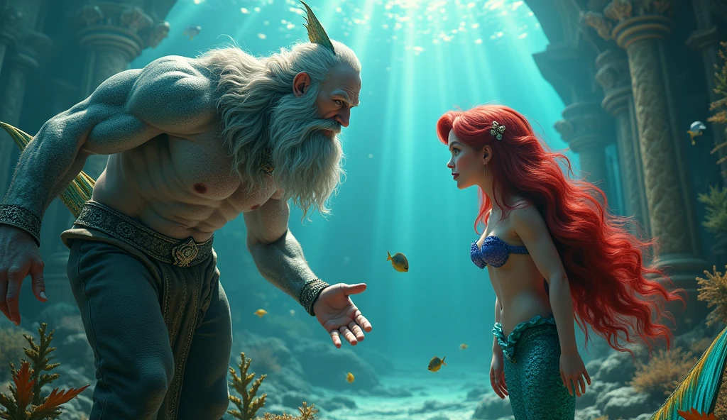 King merman, with an angry expression, while talking to his daughter Ariel