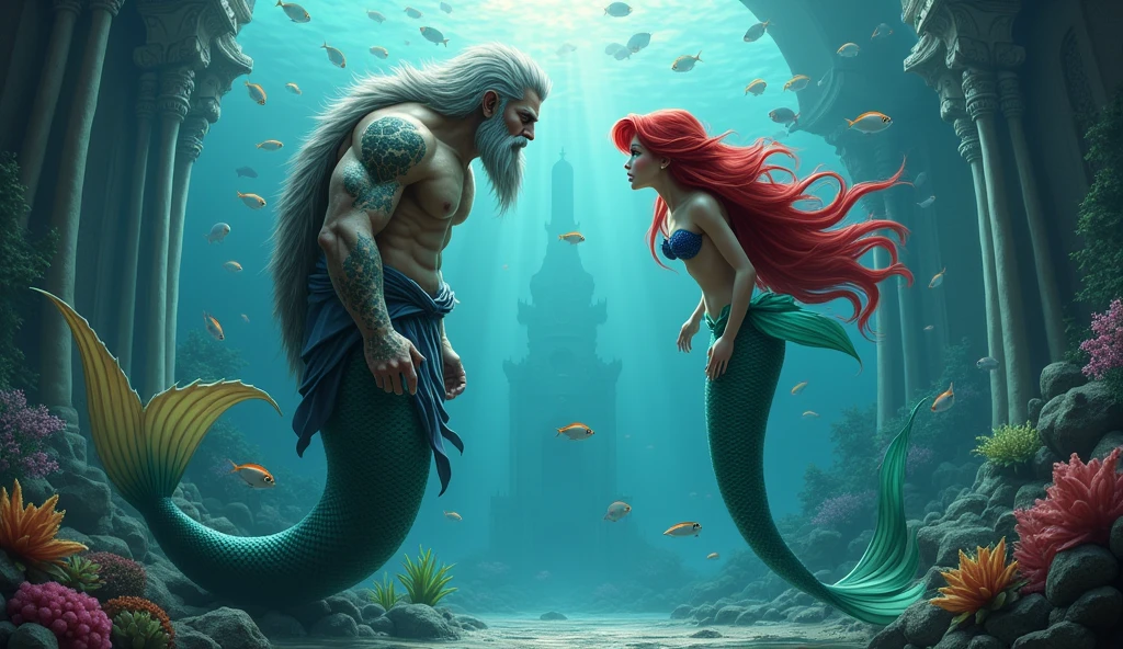 King merman, with an angry expression, while talking to his daughter Ariel