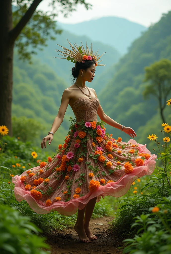 Photoshot of a beautiful woman wearing a dress full of flowers and wearing mah kota dancing in a very beautiful and green forest valley