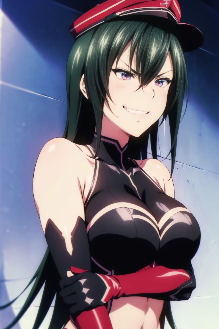 beautiful, masterpiece, ultra detailed, extremely detailed, ultra high res, 8k, beautiful detailed face, anime screencap, heart shaped face woman, (black hair:1.2), long hair, hair between eyes, large breasts, fearless face, sharp face, slant eyes, cat eyes, 170cm tall, adult, perfect proportion, (((black high-leg leotard))), (((bare shoulder))), cleavage, (((thigh boots))), choker, (((military cap))), anime style, extremely ultra detailed beautiful face and eyes, front view, raw phot, incredibly absurdres, Beautiful portrait of cute anime girls, super fine illustration, full-hd, hdr, best aesthetic, distinct, exquisite, masterwork, by famous artist, highers, (((perfect anatomy))), mocking, (((rape face))), (((evil grin))), intense eyes, sadistic, gleaming skin, oil skin, slut face, full-face blush, smirking, mischievous grin, furrowed mouth, both legs, pouty lips, downturned corners, rosy hue, grin widely, cheeky smirk, (((bad-tempered glare))), gloating, crazy smile, scary face, cruel smile, fang, connected teeth,, (((elbow gloves))), (((big connected teeth)), glare, grimace, smirk, (((scowling face))), smile broadly, symmetrical eyes, even eyes, perfect eyes, (((squinting eyes))), deep detailed eyes, shiny clothes, 1girl, solo, smug, smile grimly, (((dimpled smile))), pink eyes, (((upper body shot and standing))), (((laugh))), (((pleasure face))), (((brutality face))), (((scary face))), (((fang))), super detailed skin, official art, production art, top quality, high quality, amazing quality, finely quality, fantastic, professional quality, perfect hands, perfect arms, both arms, two arms, both hands, two hands, cleavage cutout, bare collarbone, shiny hair, anime best girl, cel anime, (((upper body shot))), 