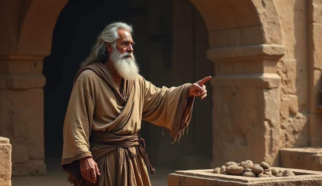 A dramatic scene where a prophet-like man named Joseph, with gray hair and beard, from biblical times, from Judah, a humble-looking prophet, dressed in simple clothes and a worn-out robe, stands before the altar in Bethel. He points with determination, prophesying against the altar.