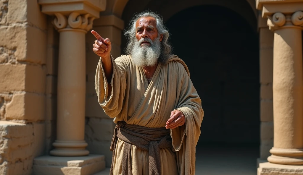 A dramatic scene where a prophet-like man named Joseph, with gray hair and beard, from biblical times, from Judah, a humble-looking prophet, dressed in simple clothes and a worn-out robe, stands before the altar in Bethel. He points with determination, prophesying against the altar.