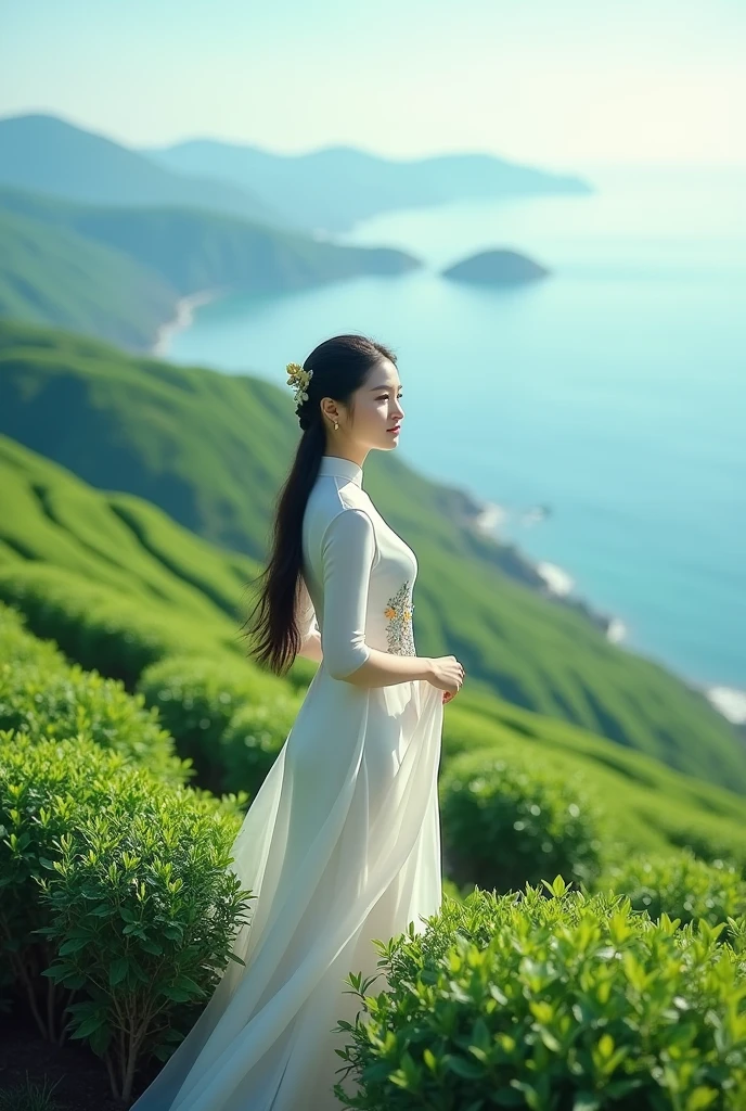 Vietnamese Ao Dai with the theme of tea hills by the sea