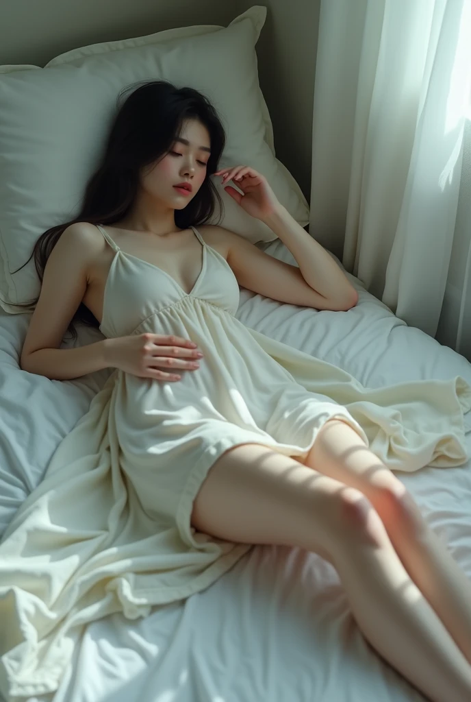20 year old Japanese woman Lie face down and back on the bed. Wear a short, transparent white nightgown.