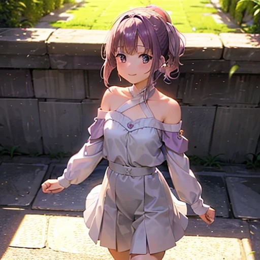 , slender girl, lilac hair, side ponytail, princess crown, purple eyes, white dress, flat chest, medieval, gentle smile, sunlight, walking in the royal palace