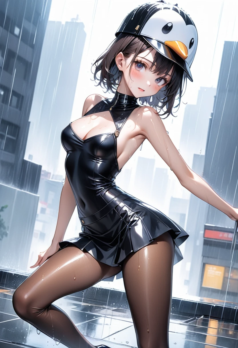 (((Wearing a penguin-colored costume, Leather panties, skirt, Pantyhose, Stiletto heels, Penguin hat))), ((Shiny Costumes)), skindentation, skinny, solo, 1 woman, Masterpiece, highest quality, highest quality, 16K, incredibly absurd, highly detailed, 2.5D, ai-generated, delicate and dynamic, very delicate facial expressions, delicate eye depiction, erotic, only sexy woman, ((A cute and kind face)), healthy figure, ((1 woman)), 160cm tall, medium firm swaying bust, Dark Hair, blush, Sweat,Embarrassed,sexy, ((thin thighs)), shiny and lustrous, facing straight at viewer, (((in heat))), ((Oily_skin)), ((Lots of sweat)), (((Brown Skin))), ((dutch angle)), ((erotic pose)), (((Dynamic Pose))), ((Heavy rain is falling, I'm standing on the roof of a building, soaking wet, in the rain)),