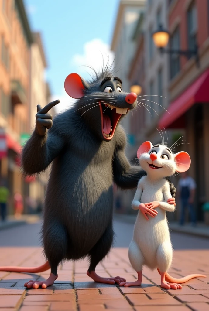 A tall, muscular black rat laughing loudly pointing his finger to the left, your white rat girlfriend, I don&#39;t understand anything, they are on the street, disney pixar style 3d.