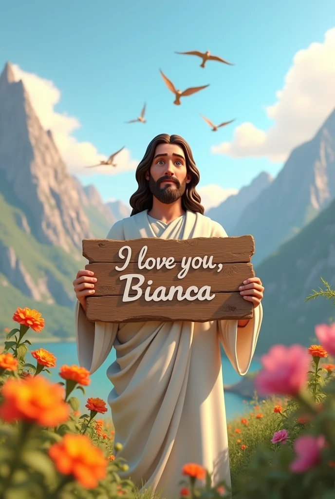 Create an image of Jesus from the biblical story, with a white dress.
Holding a sign, written I love you Bianca In the background mountains flowers and birds.
disney pixar style 3d 