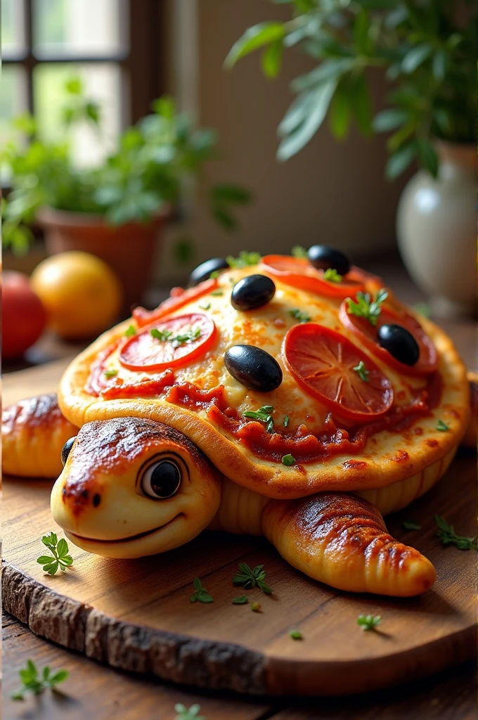 A Portuguese-flavored pizza in the shape of a turtle