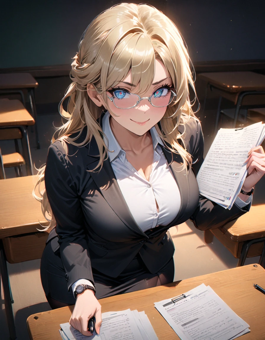 detailed textures, high quality, high resolution, high accuracy, Realism, color correction, correct lighting settings, harmonious composition. alone, Curvy woman, blond hair, (detailed eyes:1.2), Smirk,female teacher, school class, board, Table, in a black suit, white shirt and tight black skirt, black tights, silver-framed glasses and a thin watch, holding a stack of documents in one hand, hauntingly beautiful, Essential lighting, soft pastels, depth of field--ar 3:4- Niji 6