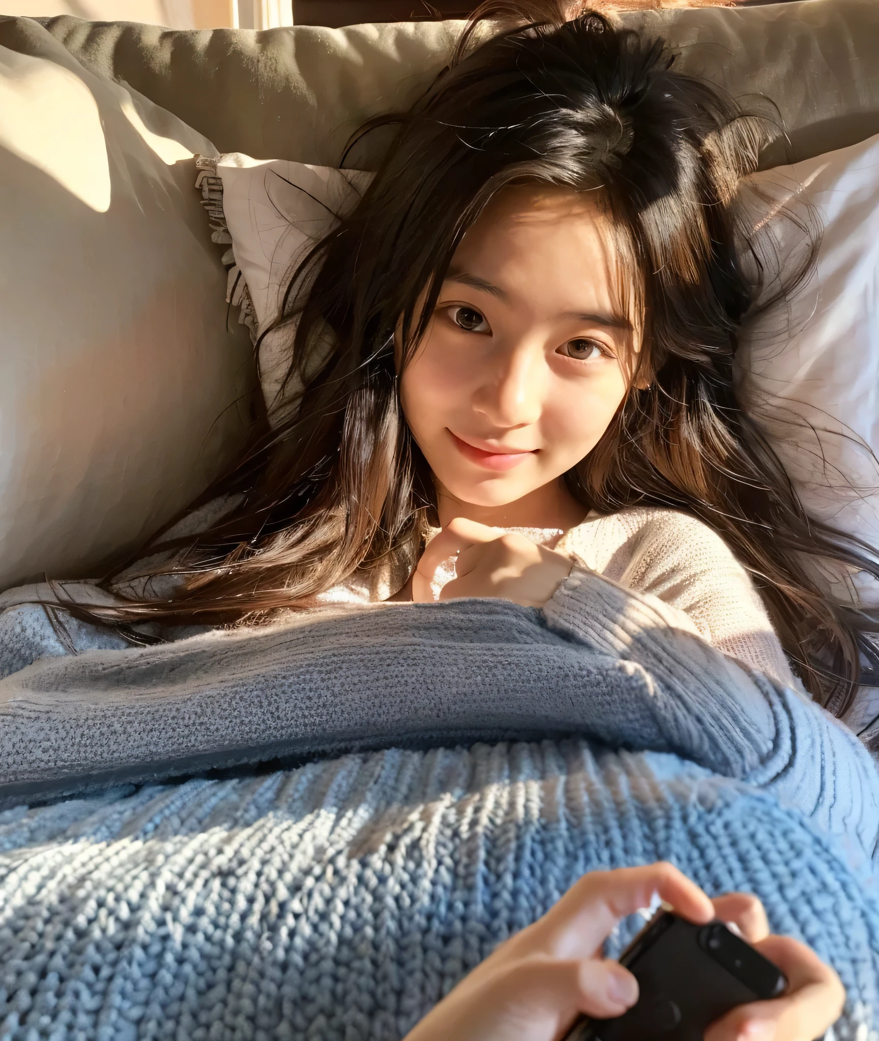 A selfie of a girl who has just woken up, still in bed, holding her phone up to capture her image. The shot is realistic, showing her slightly messy hair and a sleepy yet cheerful expression. Morning light softly illuminates her face, with a glimpse of her cozy bedroom in the background
