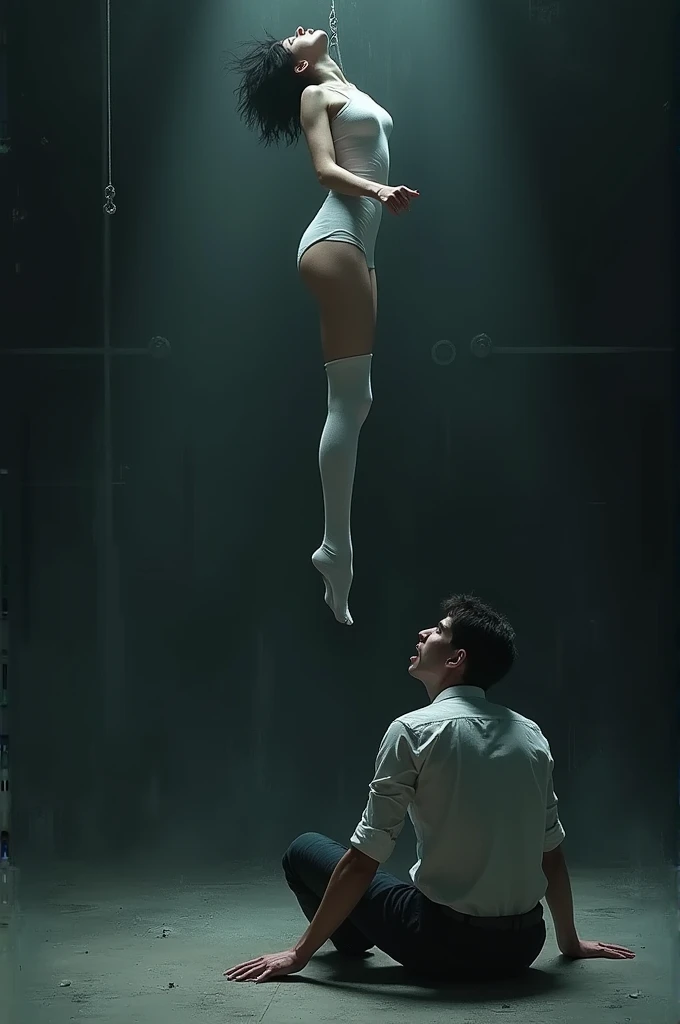 Scene of female student wearing white thigh high socks hanging herself to death ,hovering in the air , a man sitting on the ground in panic 