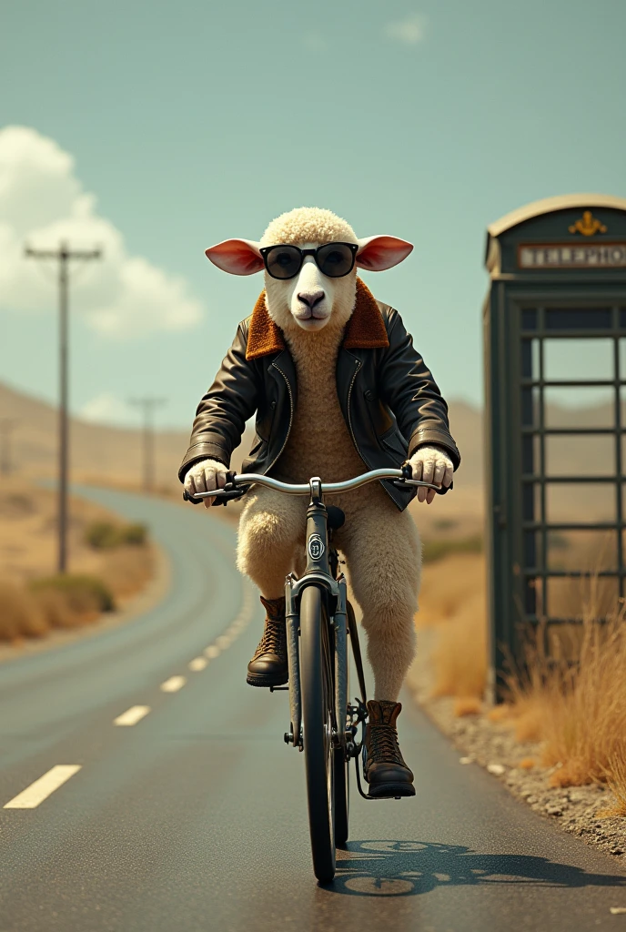 sheep on a bike with sunglasses and a leather jacket on a deserted road with a telephone booth on the side of the road