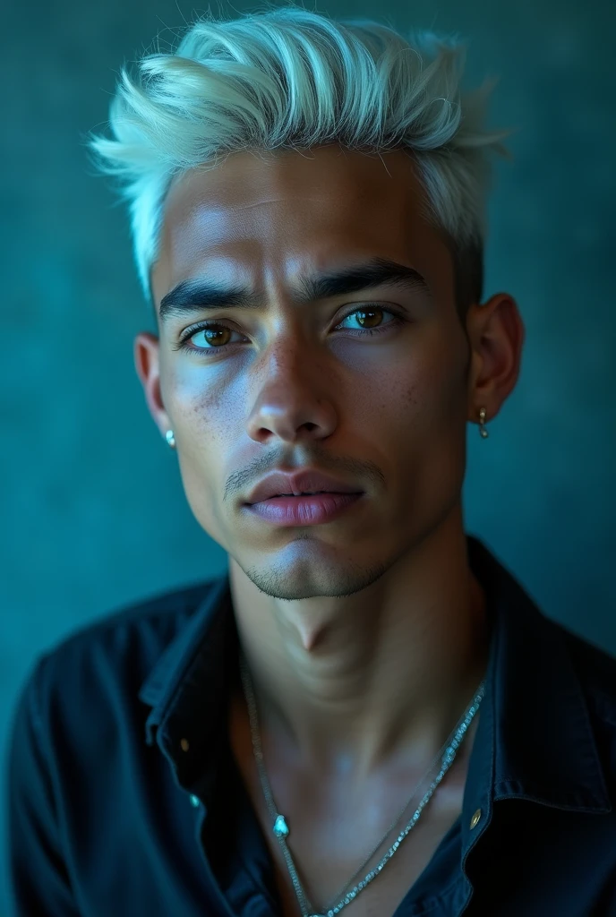 1 Latin boy, 19yearsold, appealing, clear pupils, White hair, skin fair, unsmooth skin, simple background, portraite, blue light, masculine.