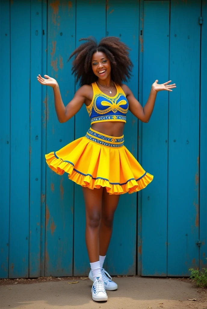 Yellow and blue Brazilian style cheaerleader dress and put blue planks on the skirt