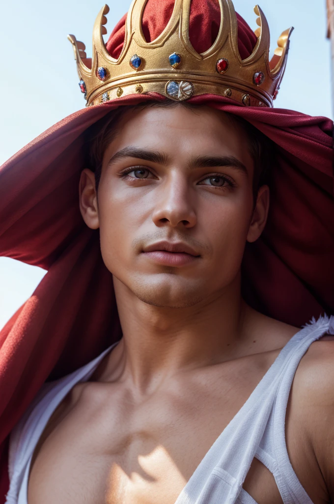 beautiful detailed eyes, beautiful detailed lips, extremely detailed eyes and face, long eyelashes, 1 man, handsome man, king, crown, red cape, feather haircut:0.6, professional lighting, bright lighting, daytime, bright, simple background, high quality, 8k, raw photography, masterpiece:1.2, realistic, photorealistic:1.37, ultra-detailed, ultra-high resolution