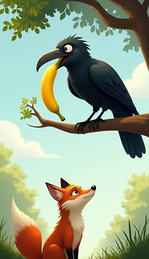 A crow sitting on a tree branch looking down on a fox, the crow has a banana on its mouth, the crow is biting on the banana, there is only one banana, there are no multiple banana and only one banana, there is a fox under the tree crow is sitting on, the fox is looking towards the crow with a smug expression, the fox does not has a banana, the fox is not on a tree, the fox is on the ground, there is only 1 fox, there is only 1 crow