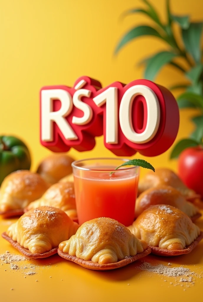 Make a poster with the phrase empanadas plus juice, put the value which is r$ 10 somewhere in the image put third and write 3D count the value which is r$ 10 be well centered in the middle and the image should have several little pies but the juice