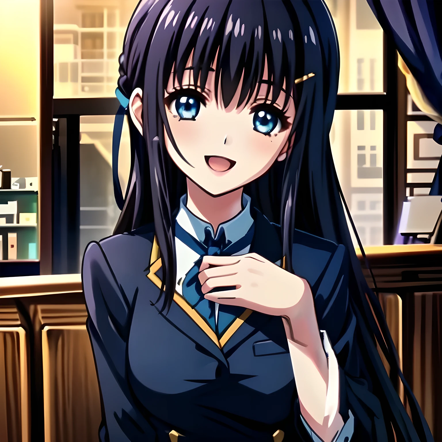 (highest quality, masterpiece, Full HD, High definition: 1.2), (Game CG art of beautiful girl: 1.2), (Just one very beautiful date-game heroine who is looking and laughing at me, Very detailed intelligent yo heroine's eyes and face, Beautiful eyes with detailed: 1.0),  (Girl whom everyone loves because of her beauty and lovely fashion and intelligence and noble manner. : 1.0),  (Very beautiful, wavy, cutely shining super-super-long blue hair, with elegant hair ribbons: 1.0), (Laughing very beautiful and intelligent sapphire-blue intelligent eyes which charms and enslave me inevitably, with detailed very well: 1.4), (very long eyelashes: 1.0), (Noble black neat sailor-styled formal school uniform with a noble ribbon on the chest: 1.0), (Soprano singer of classic music: 1.0)