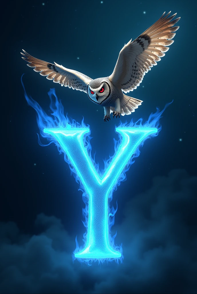 A red-eyed owl, flying over the blue fire letter Y