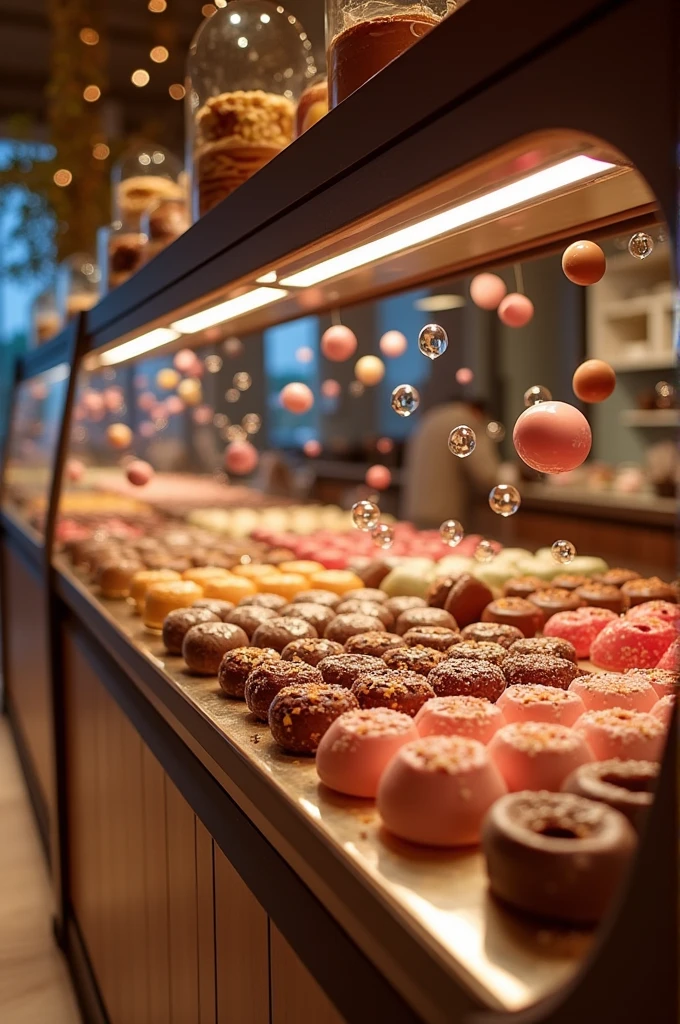display case with various Nestle sweets and various chocolate bubbles floating
