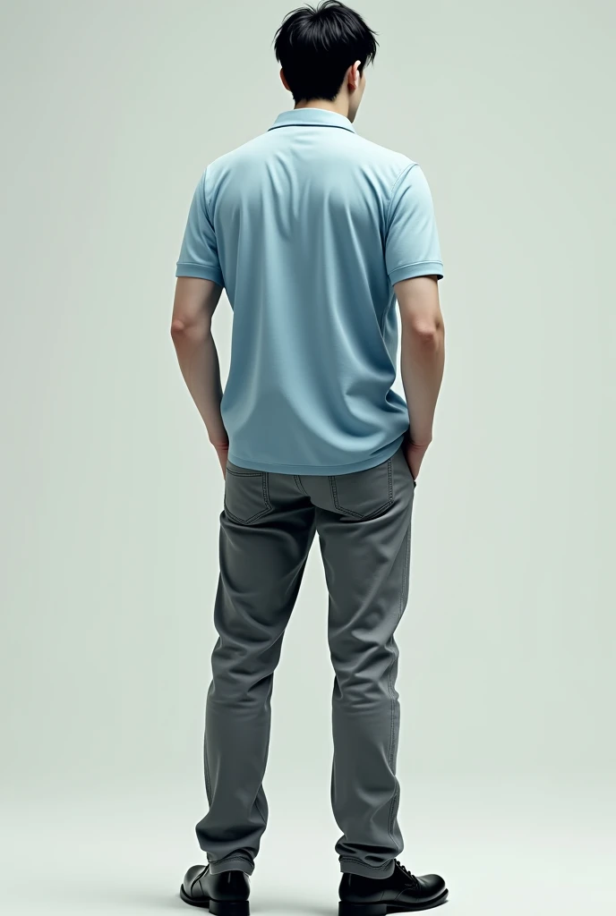 Make me a picture of a pale-skinned man, that is, white, with jet-black hair, a polo shirt, almost a light blue shirt, A slightly loose gray jean and black dress shoes that can be seen from behind and with his hands in his pockets