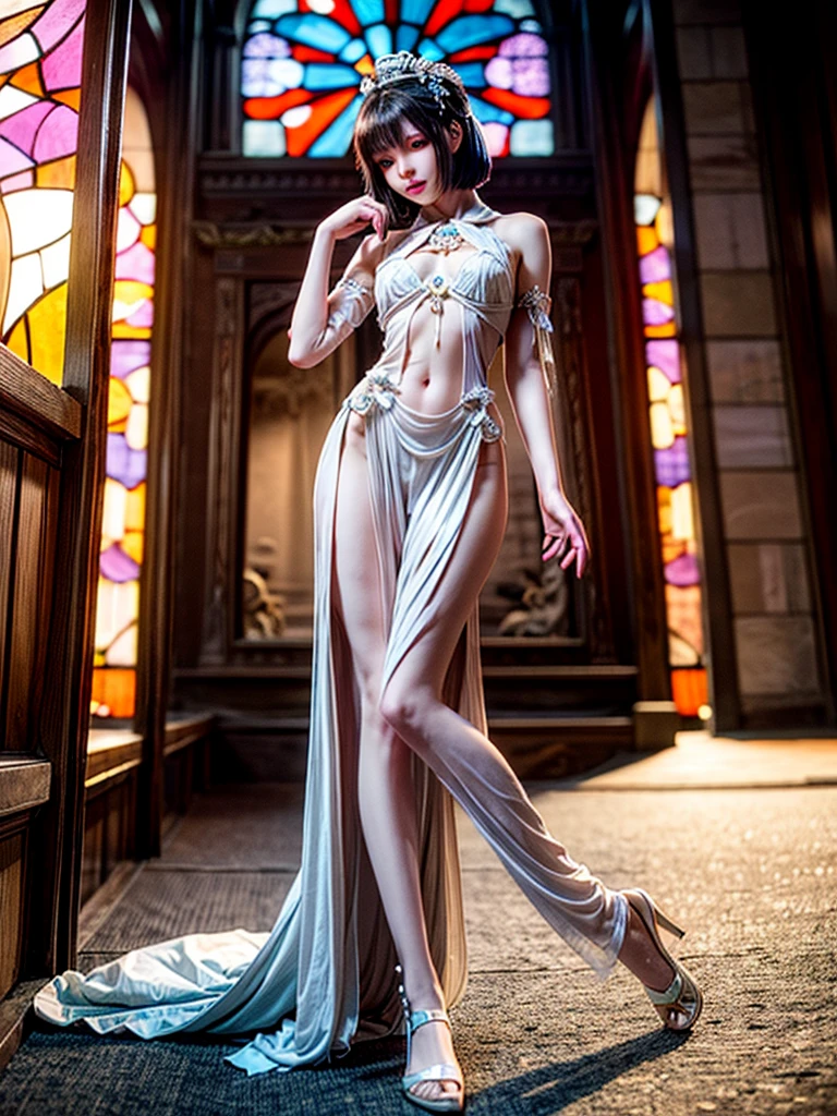 ( Masterpiece, White and vivid colors, (Exposed:1.2), (nipple:-0.9)), (((Renbutsu Misako|Misako Renbustu))), ((face variations)), { Navel | pretty Ass }, portrayed in the best quality and high resolution. The image should be ultra-detailed, realistic, and photorealistic with a touch of rawness. concept art. The color tone should be vibrant and vivid, enhancing the overall visual impact. (Whole Body proportions and all limbs are anatomically accurate), (Vivid Colorful light shines through the delicate stained glass). delicate limbs, Detail of sparkling oiled ivory skin, (short Bob, delicate wear), Whole Body proportions and all limbs are anatomically accurate .