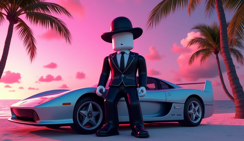 Beautiful tall square Roblox male doll, wearing mobster clothes with black hair and hat sitting or leaning on a Ferrari or luxury millionaire car, white skin, no mouth and beautiful body, cartoon, Vice City GTA, background of a beach with palm trees and pink sky