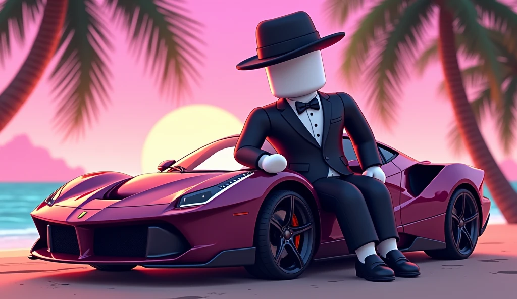 Beautiful tall square Roblox male doll, wearing mobster clothes with black hair and hat sitting or leaning on a Ferrari or luxury millionaire car, white skin, no mouth and beautiful body, cartoon, Vice City GTA, background of a beach with palm trees and pink sky