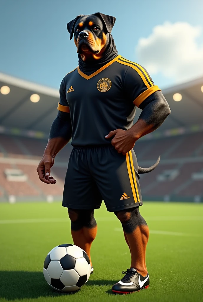 An imposing rottweiler with soccer shoes as the mascot of a soccer team in a black and gold uniform with a ball at its feet