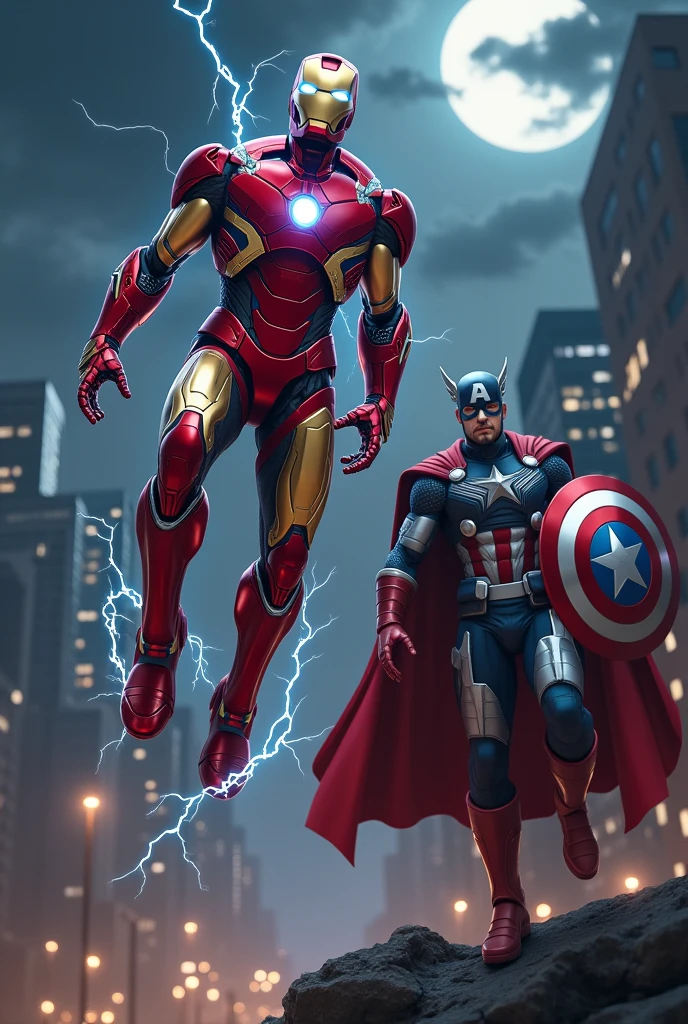 # **1. For Iron Man**
- **lasts**: red and gold, with a glowing arc reactor on his chest. Its oval body is fitted with a metal frame with defined segments..
- **Posture**: Floating in the air with hands (or its sides) extended downwards, as if taking off or preparing to fly.
- **Details**: Add energy flashes around the reactor and hands.

### **2. For Spider-Man**
- **lasts**: Red and blue, with a black spider web pattern on the red part of the body. The large white eyes on the head.
- **Posture**: Swinging on a spider web, with one leg bent and the other extended, as if it were moving.
- **Details**: Draw spider webs coming out of the sides of his body and a background with city buildings.

### **3. For Thor**
- **lasts**: Silver and black with a red cape. A helmet with small wings on the head.
- **hammer**: Holding the Mjolnir (the hammer) that emits rays of light.
- **Posture**: standing, con the hammer levantado hacia el cielo, as if he were summoning lightning.
- **Details**: Add lightning effects and dark clouds to the background.

### **4. Pou Captain America**
- **lasts**: blue, Red and white, with a white star on the chest and red and white stripes on the abdomen.
- **shield**: Holding a round shield with the star and colors of Captain America.
- **Posture**: In defense position, with the shield in front, as if he were protecting himself.
- **Details**: Draw a background with an American flag waving in the distance.

### **Common Scenography**
- **bottom**: You can use an urban setting, with skyscrapers and a night illuminated by the light of the moon and some stars. Different Pou can be in different positions of the fund, some in the air (como For Iron Man y For Spider-Man) and others on the ground (como For Thor y Pou Captain America).
- **Light effects**: Play with light and shadow so that each Pou has its own glow.
