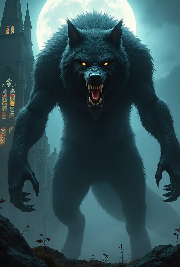 a werewolf standing on a church